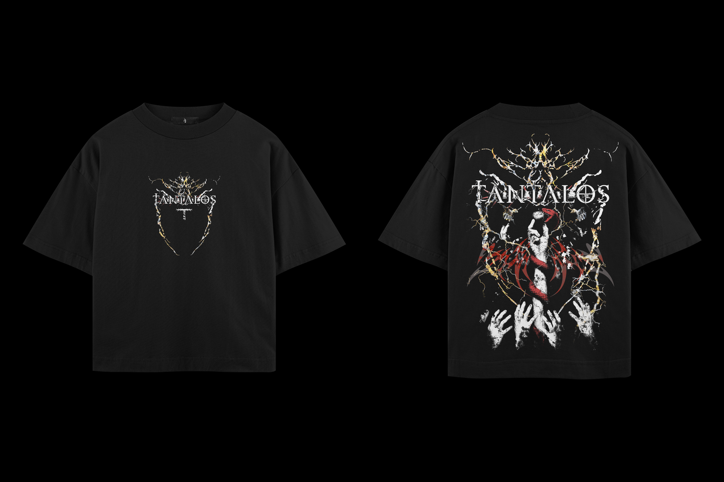 Black Techno t-shirt with graphic designs on front and back against a black background