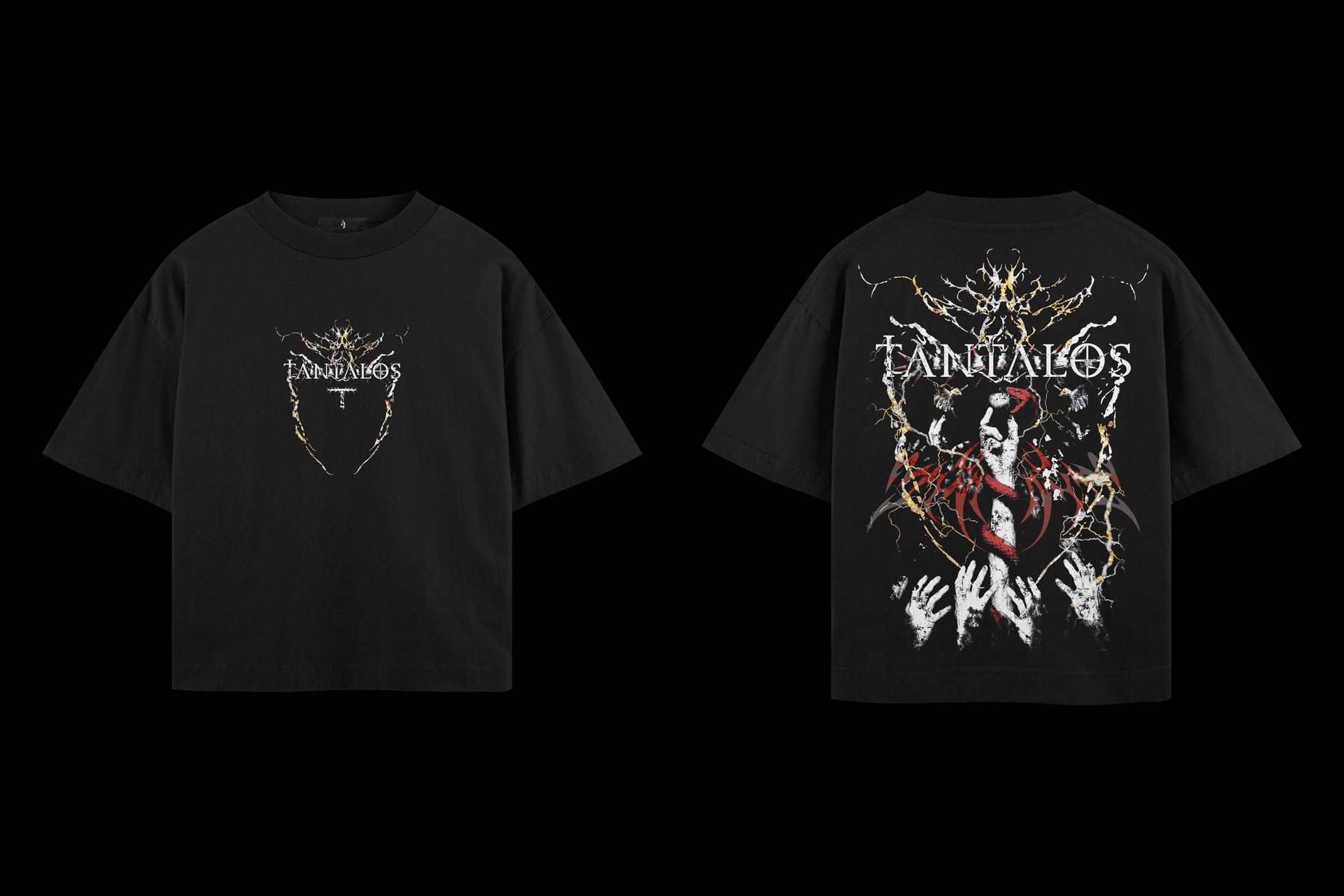 Black Techno t-shirt with graphic designs on front and back against a black background